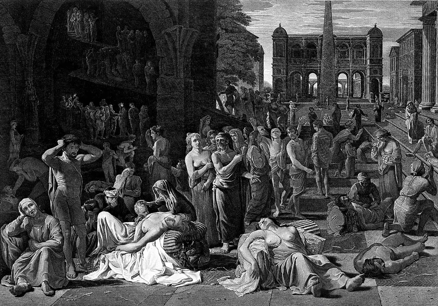 A dense line engraving of a plague in an ancient city: the sick and dying crowded among classical ruins and colonnades while others carry off the dead.