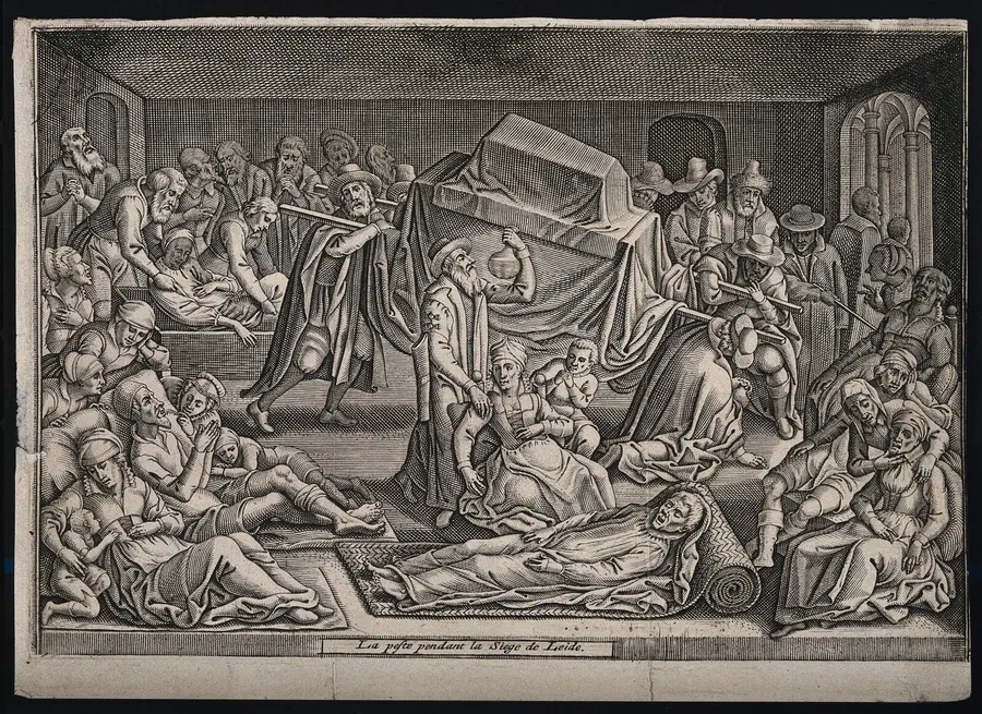 A line engraving of a plague scene in Leiden, 1574: a doctor examines a urine flask in a crowded room surrounded by the sick, the dying and the dead.