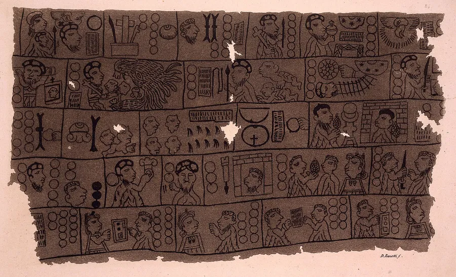 A sheet from an Aztec pictorial document, reproduced as a colour aquatint: rows of figures, glyphs and tribute symbols in the pre-Columbian pictographic style.