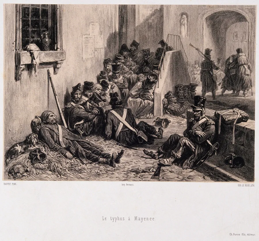 A lithograph of Napoleonic soldiers stricken with typhus, lying and slumped in the streets of Mainz, some tended by others, in period military dress.